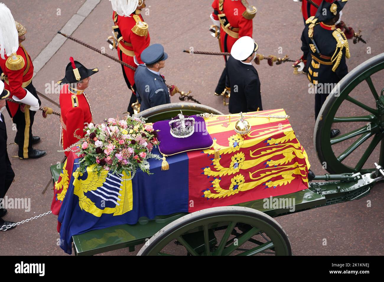 The State Gun Carriage carries the coffin of Queen Elizabeth II, draped