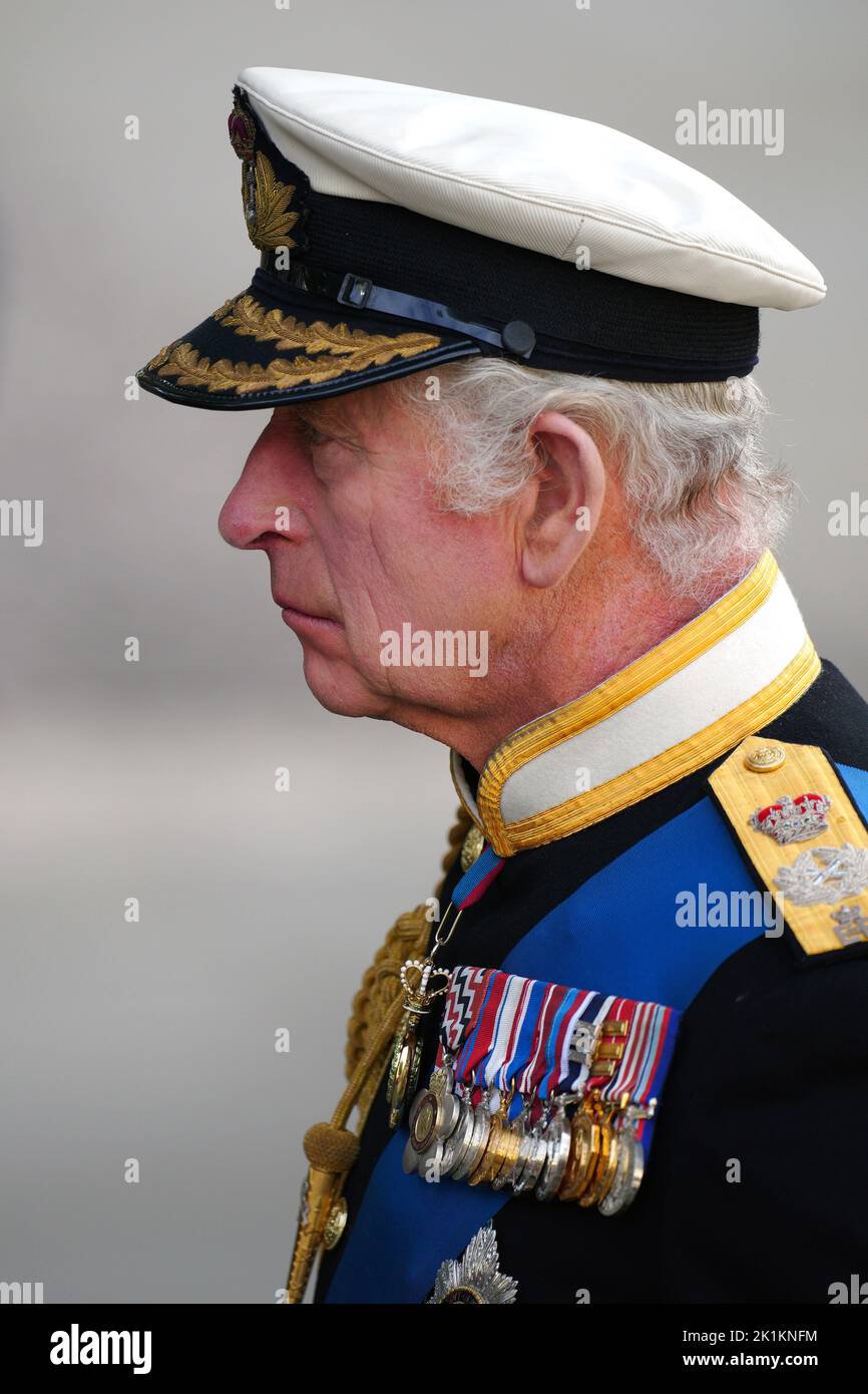 King Charles III leaving the State Funeral of Queen Elizabeth II, held at Westminster Abbey, London. Picture date: Monday September 19, 2022. Stock Photo