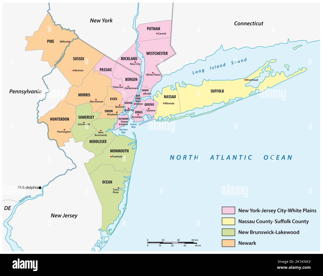 Map of the counties in the four divisions of the New York metropolitan area Stock Photo