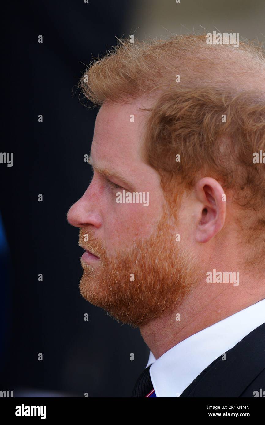 The Duke of Sussex leaving the State Funeral of Queen Elizabeth II, held at Westminster Abbey, London. Picture date: Monday September 19, 2022. Stock Photo