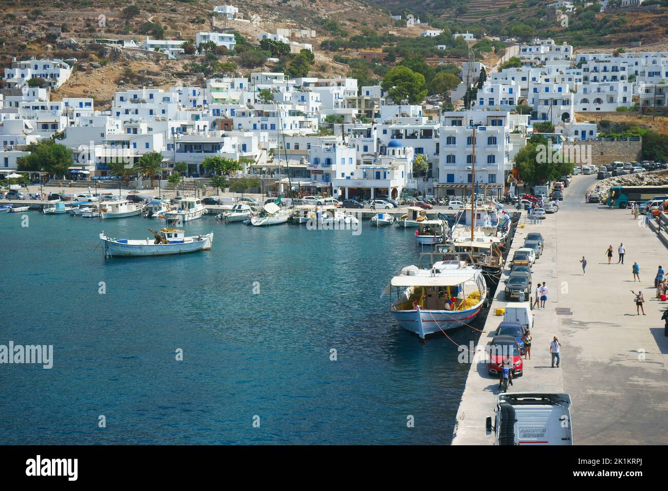 Travellers arraiving in Aigiali town and harbour, Amorgos, Cyclades, Aegean, Greek Islands, Greece, Europe Stock Photo