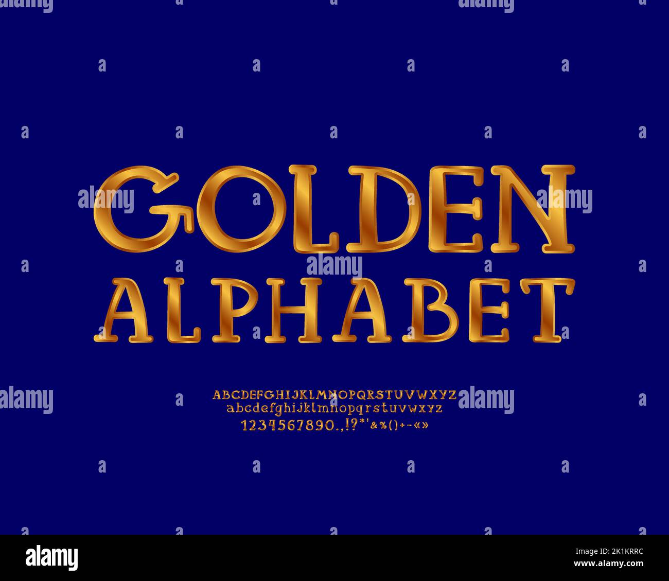 Original hand drawn serif font with gold gradient color for label and decoration. Vector font set with uppercase and lowercase letters, and numbers Stock Vector