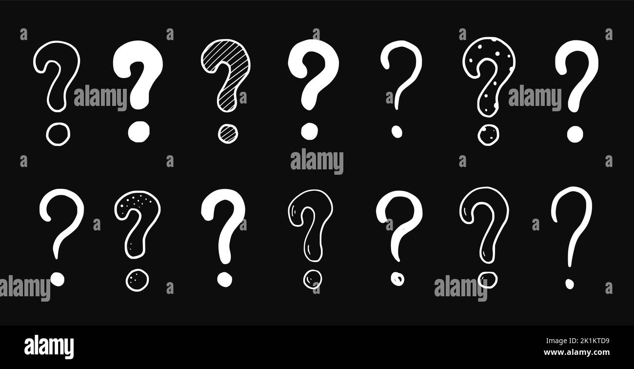 Doodle question sign mark set. Hand drawn chalkboard sketch style ask sign, question mark. Isolated vector illustration. Stock Vector