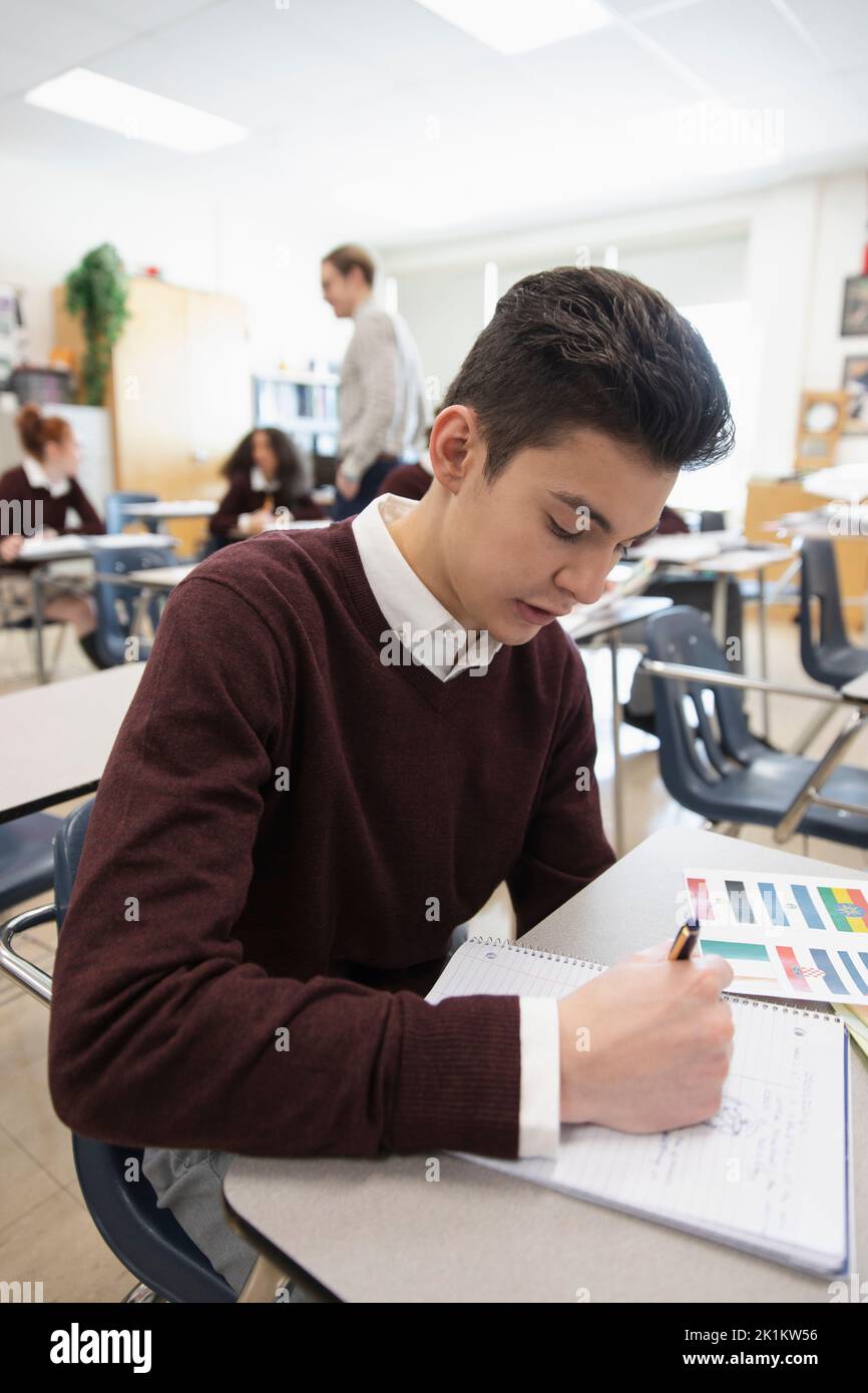 Focused high school boy student studying in geography class Stock Photo
