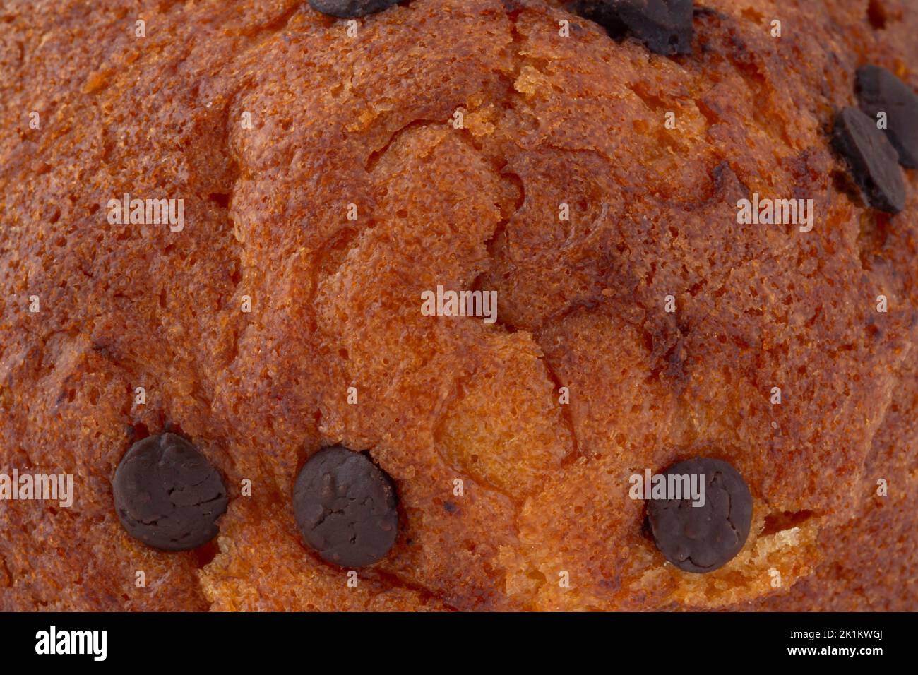 close up of crust of muffin with chocolate disks Stock Photo