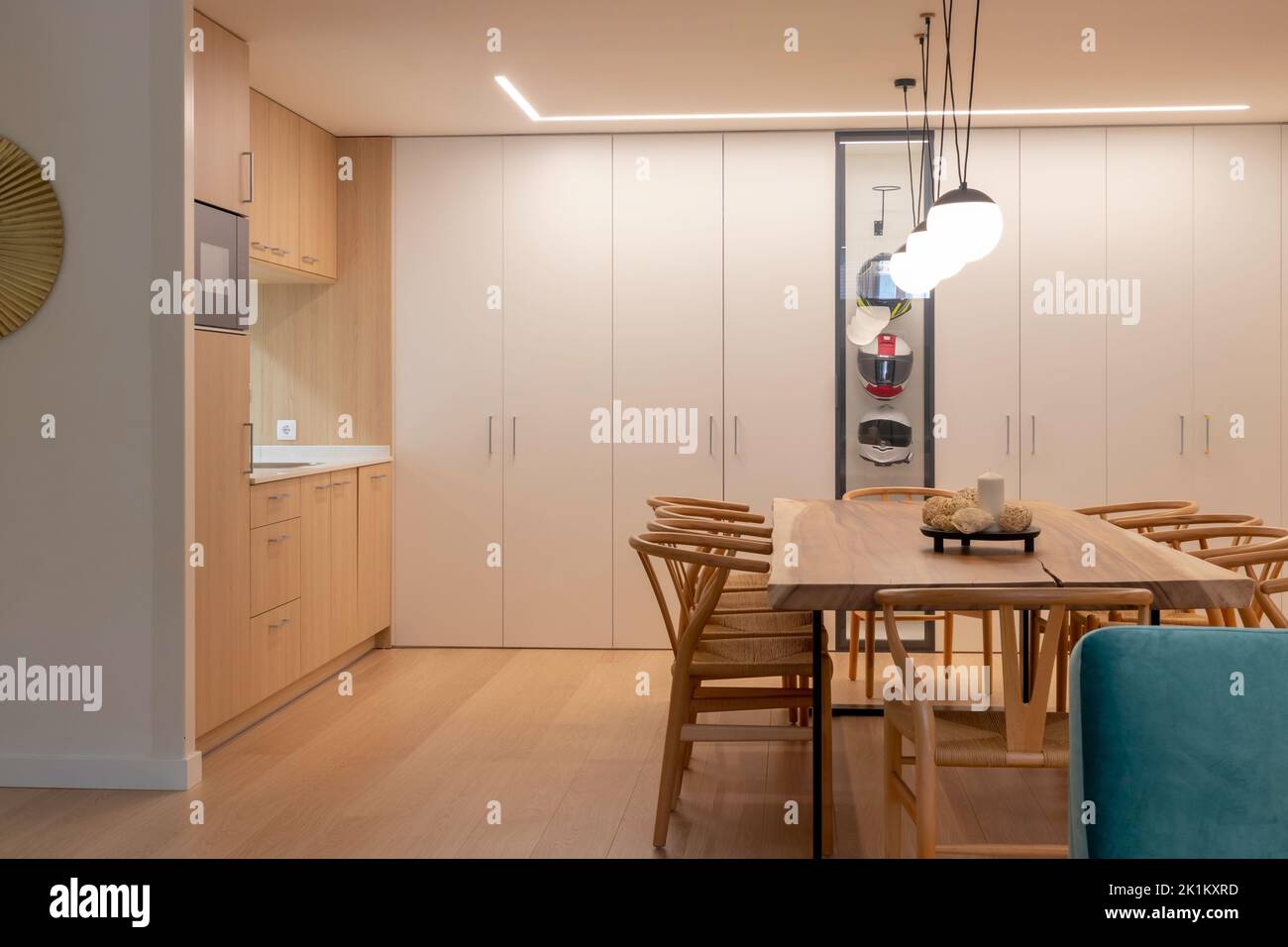 Modern and minimalist interior dining and kitchen design with wooden ...