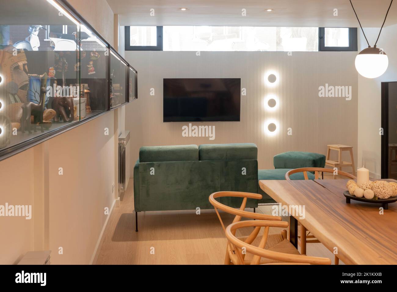 Modern basement interior design. Open space of living and dining room ...