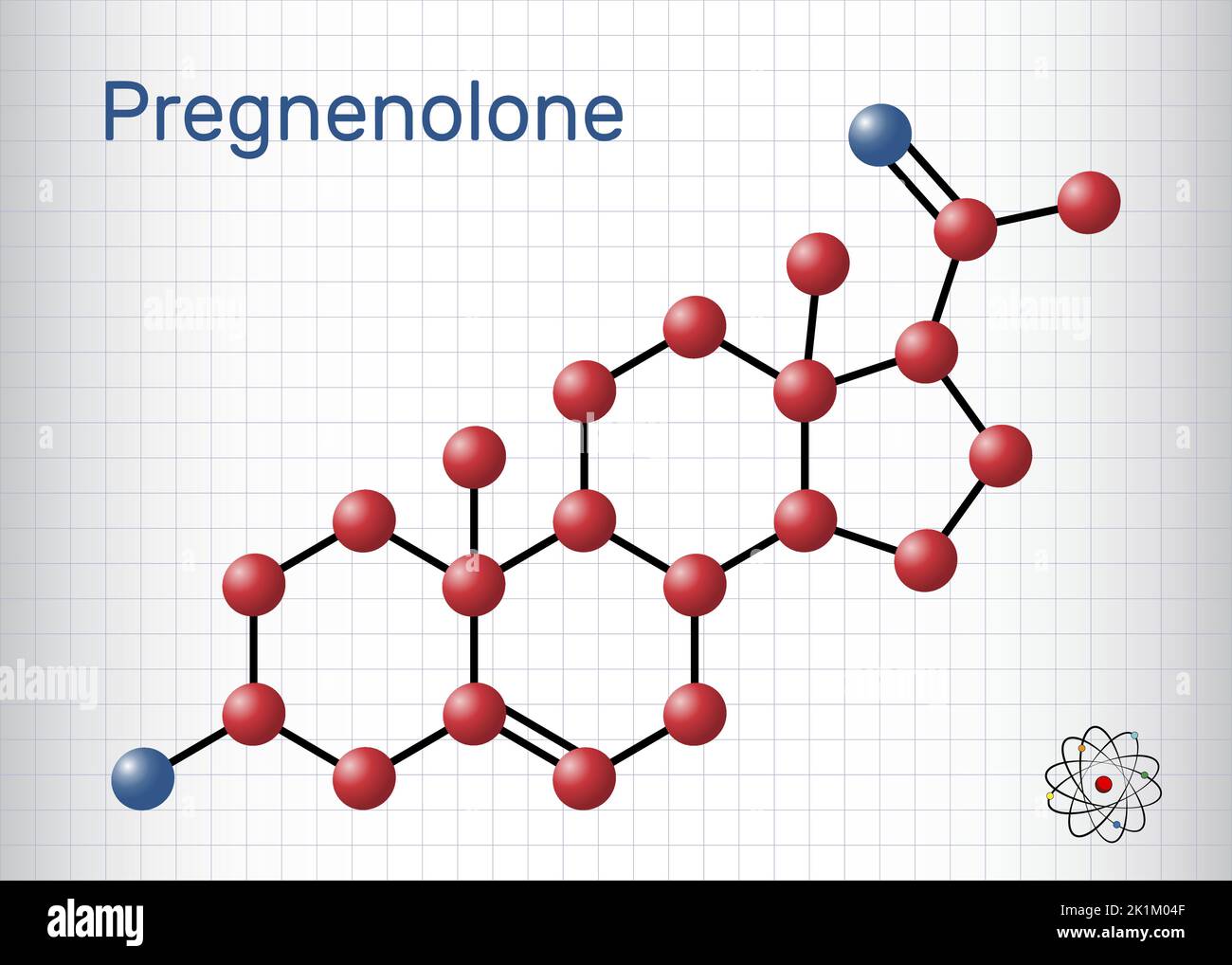 Pregnenolone, P5 molecule. It is neurosteroid, endogenous steroid hormone. Molecule model. Sheet of paper in a cage. Stock Vector