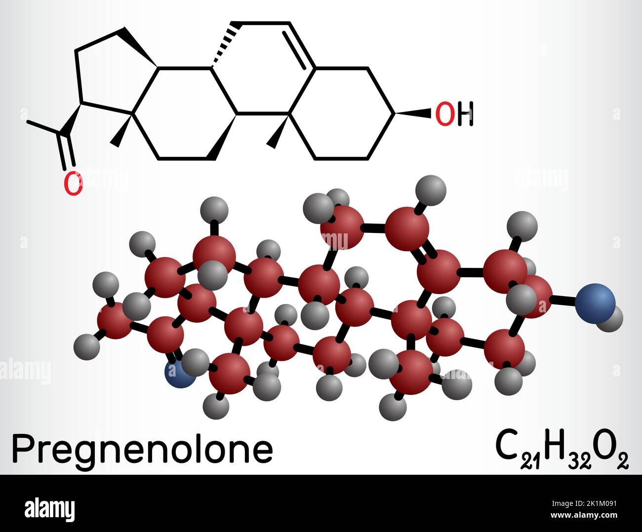 Pregnenolone, P5 molecule. It is neurosteroid, endogenous steroid hormone. Structural formula and molecule model Stock Vector