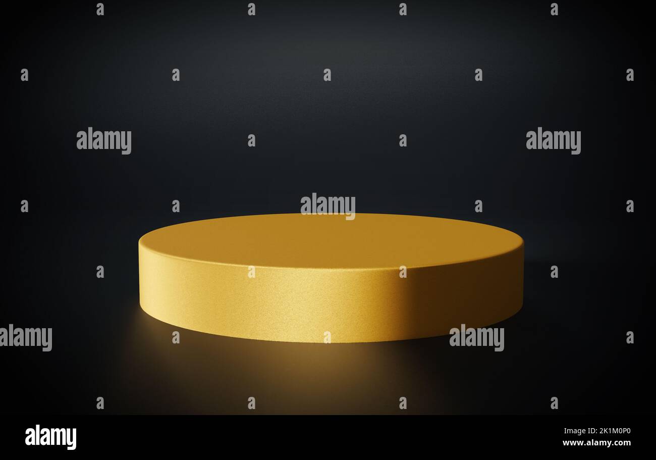 Blank gold exhibition stage backdrop or empty product shelf. rock pedestal of platform display modern stand podium on black room background, 3D Stock Photo