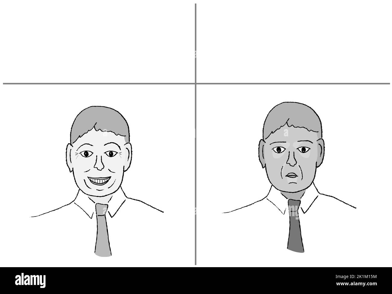 Meme template for social media sharing. Smiling office man and displeased serious face reaction. Stock Vector