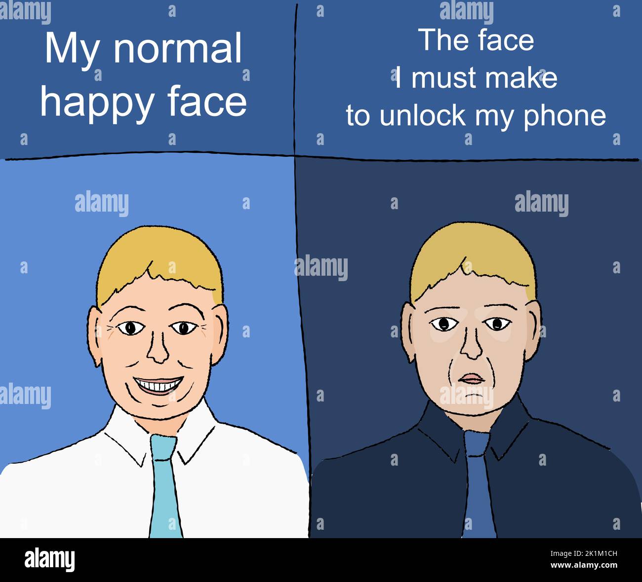 Unlocking phone by face expression. Funny meme for social media sharing. Stock Vector