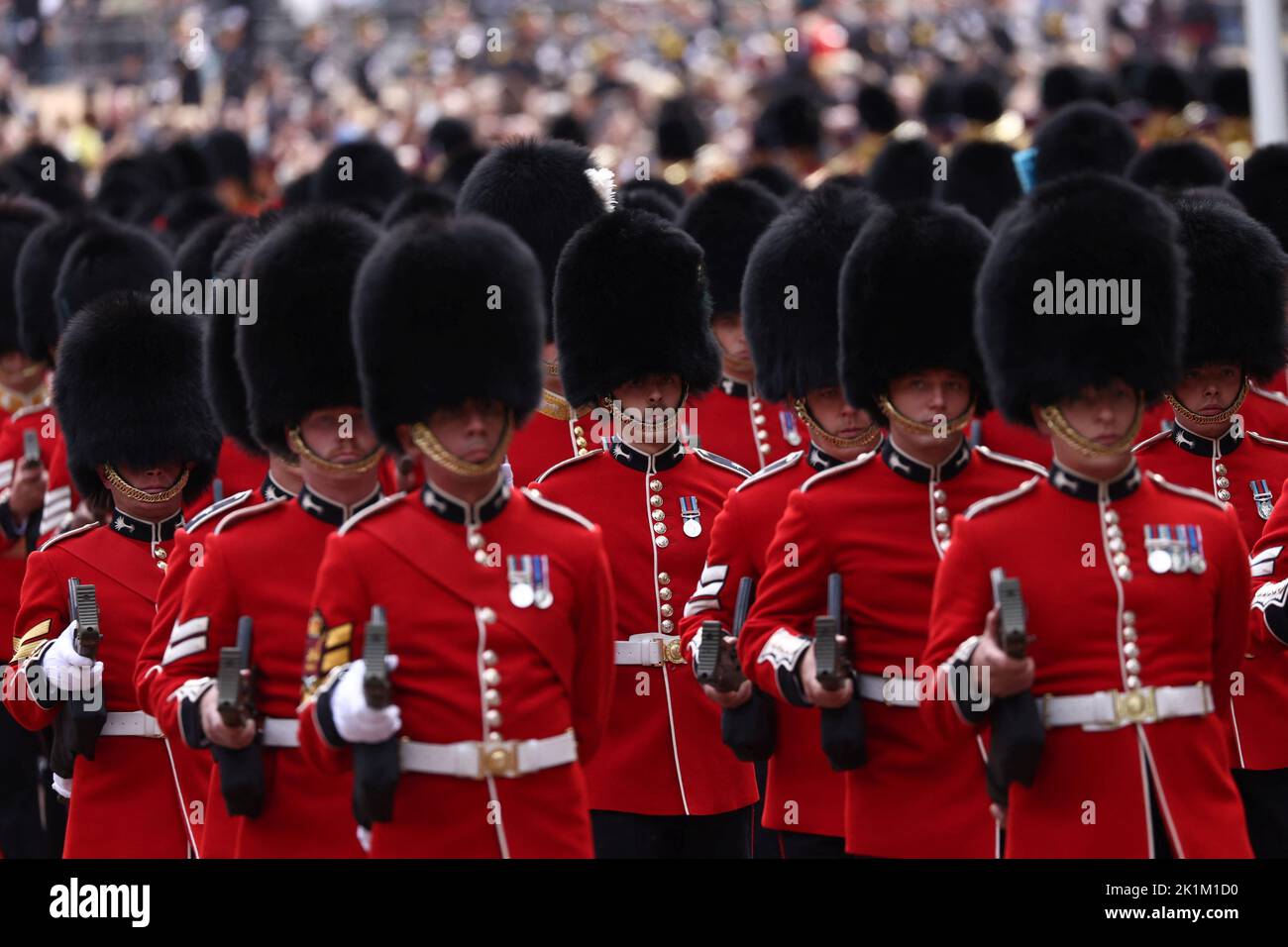 Guards participate in the procession on the day of the state funeral and burial of Britain's Queen Elizabeth, in London, Britain, September 19, 2022. REUTERS/Tom Nicholson? Stock Photo