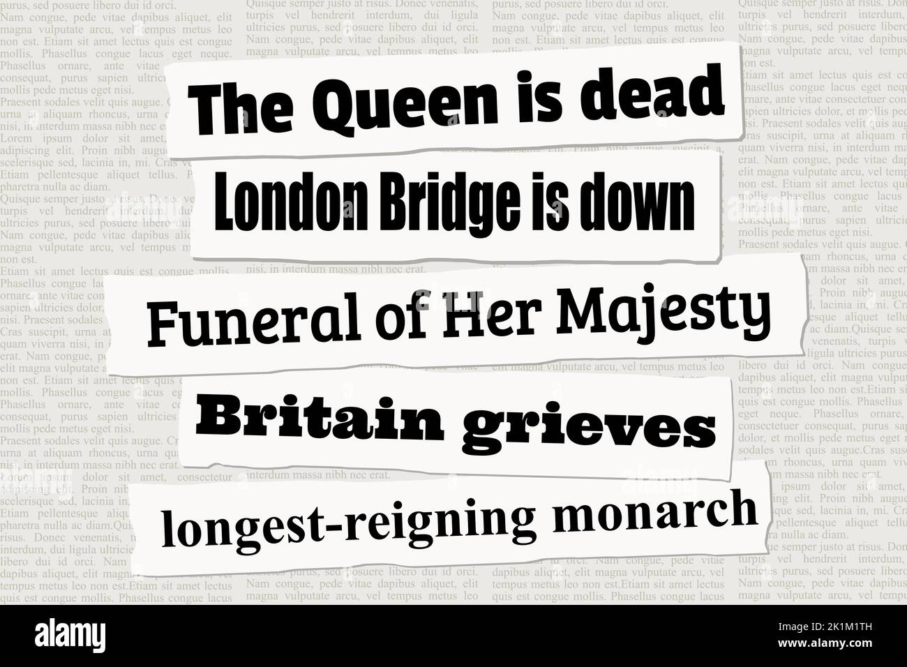 UK Queen death news headlines. Newspaper clippings about Queen's death and funeral. Stock Vector