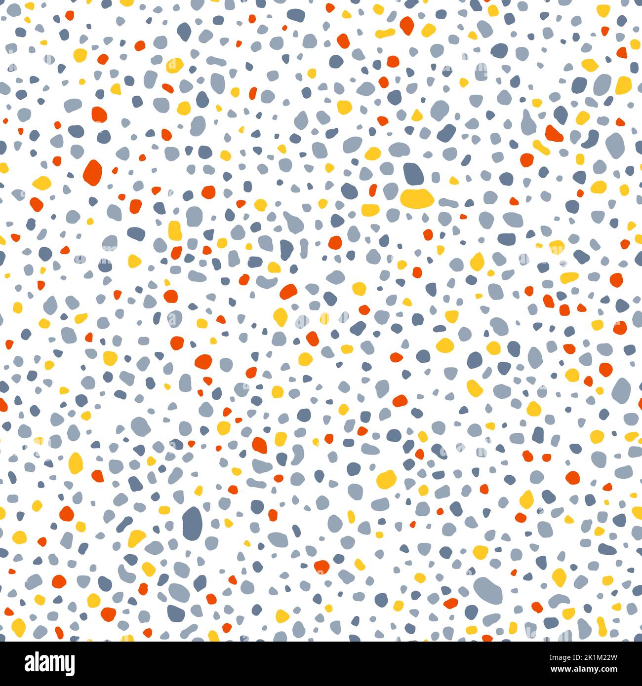 Hand drawn spots background. Irregular spots and dots seamless vector pattern. Fashion texture design. Grey, yellow and red. Stock Vector