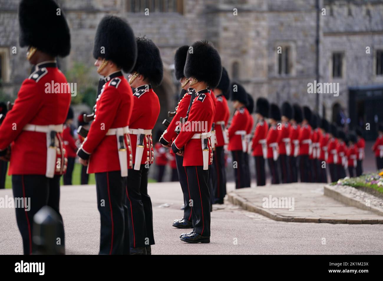 Soldiers from the Grenadier Guards at Chapel Hill for the Committal Service for Queen Elizabeth II held at St George's Chapel in Windsor Castle, Berkshire. Picture date: Monday September 19, 2022. Stock Photo