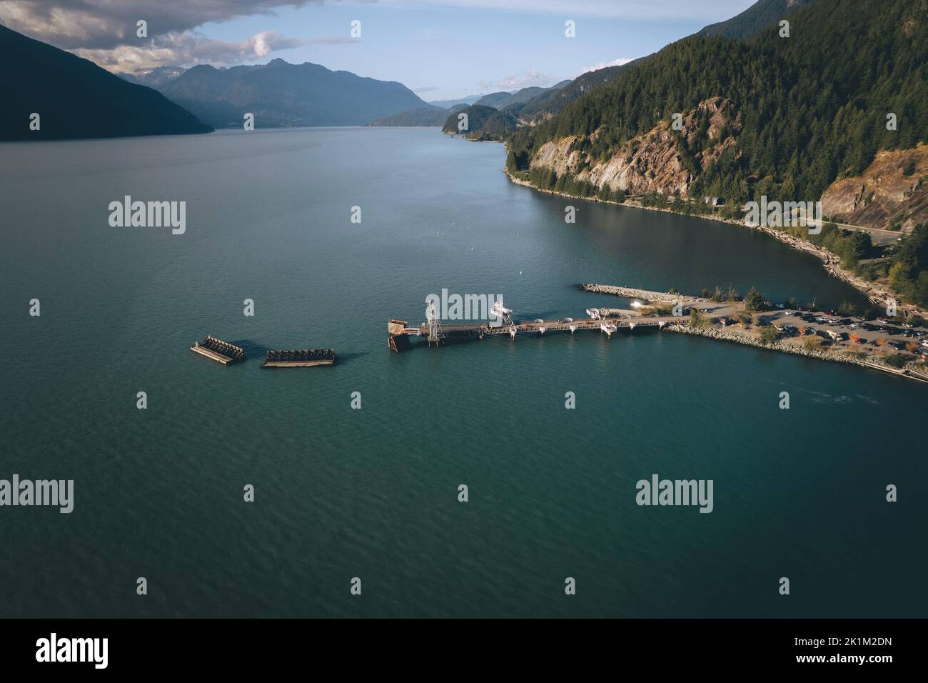 A scenic aerial view of Porteau Cove Provincial Park near West Vancouver, British Columbia