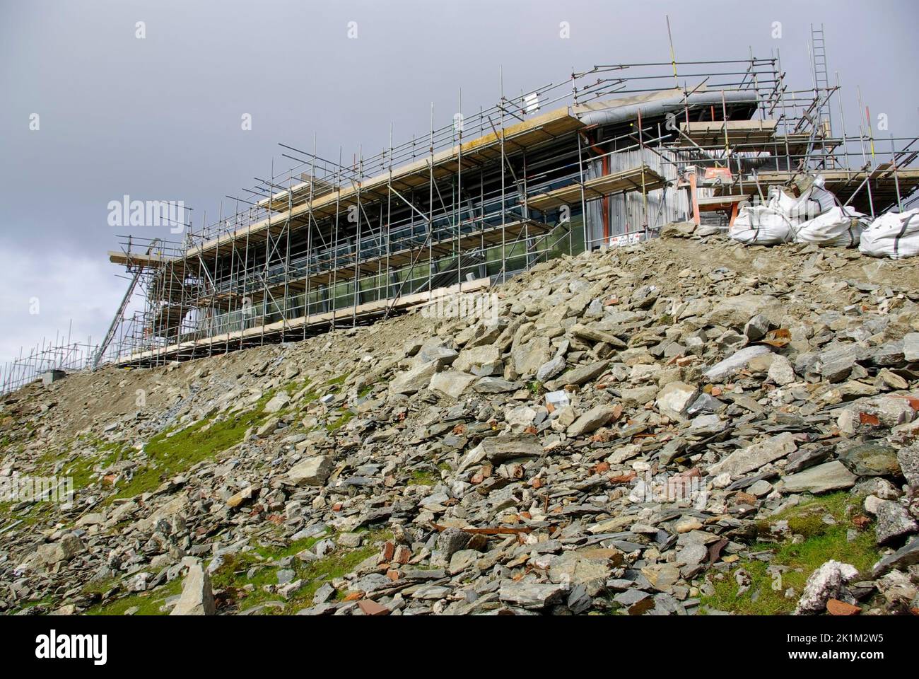 Yr Eryri, Summit Station under construction, Yr Wyddfa, Snowdon, North Wales. Stock Photo