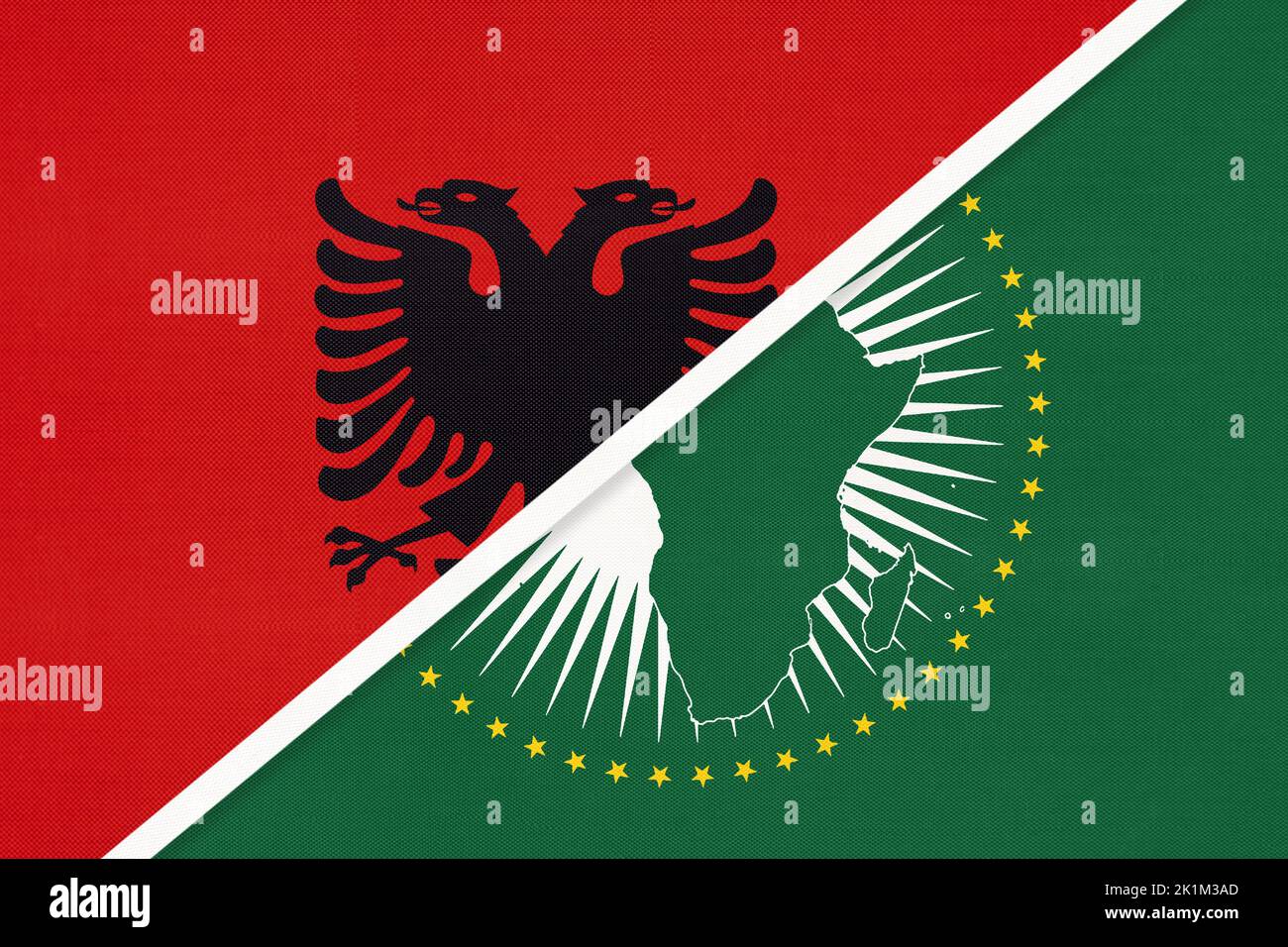 African Union and Albania, national flag from textile. Africa continent
