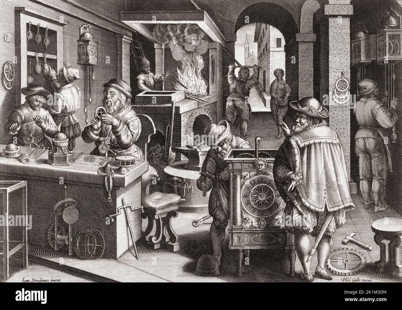 Clock makers in Holland in the late 16th century.  After an engraving by Philips Galle Stock Photo