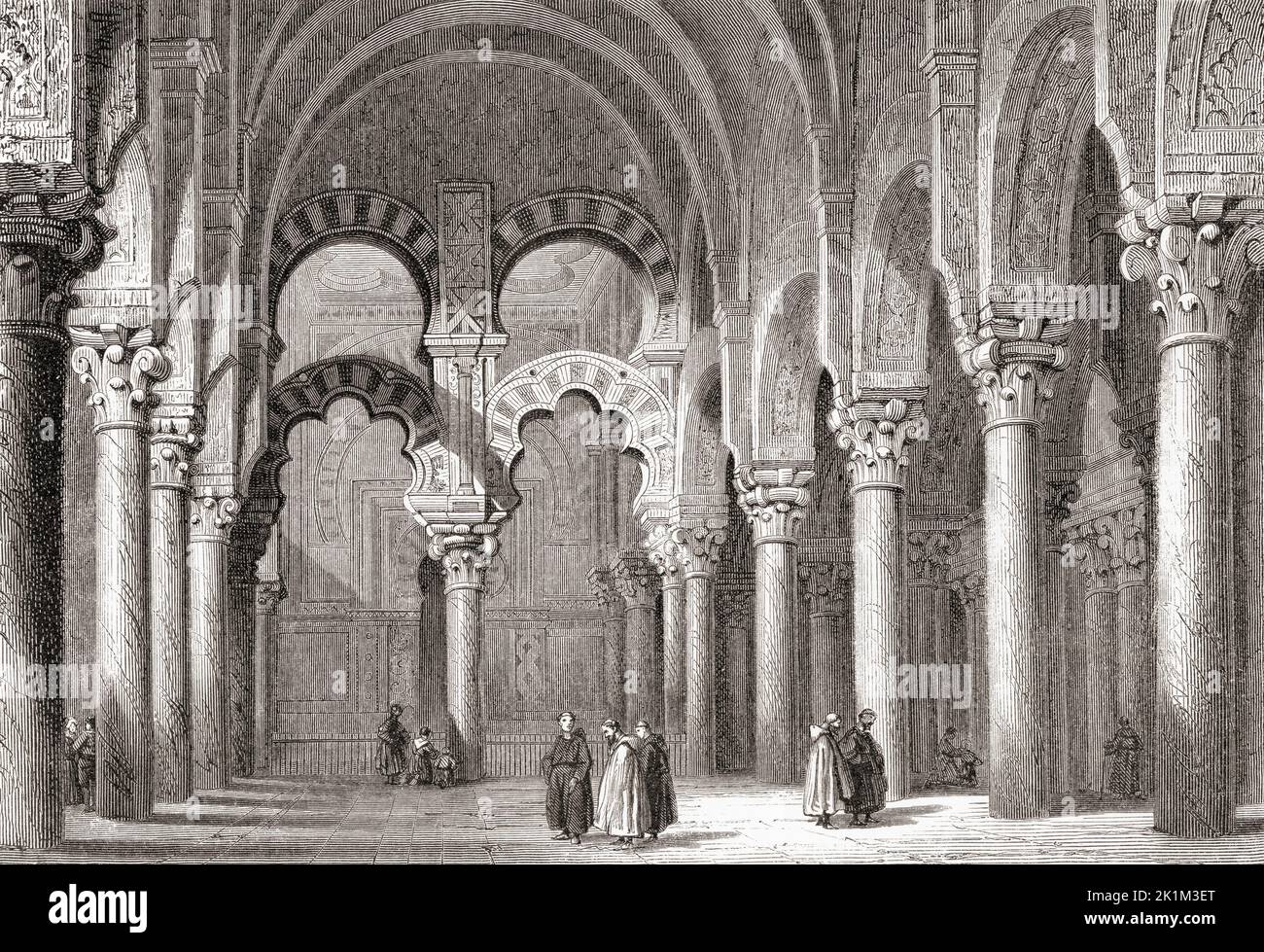 Interior of the Mosque–Cathedral of Córdoba, Córdoba, Andalusia, Spain, seen here in the 19th century.  Of Moorish and Renaissance architectural styles, building began in 785 (as a mosque) and the last major addition as a cathedral was completed in the 16th century.  From Les Plus Belles Eglises du Monde, published 1861. Stock Photo