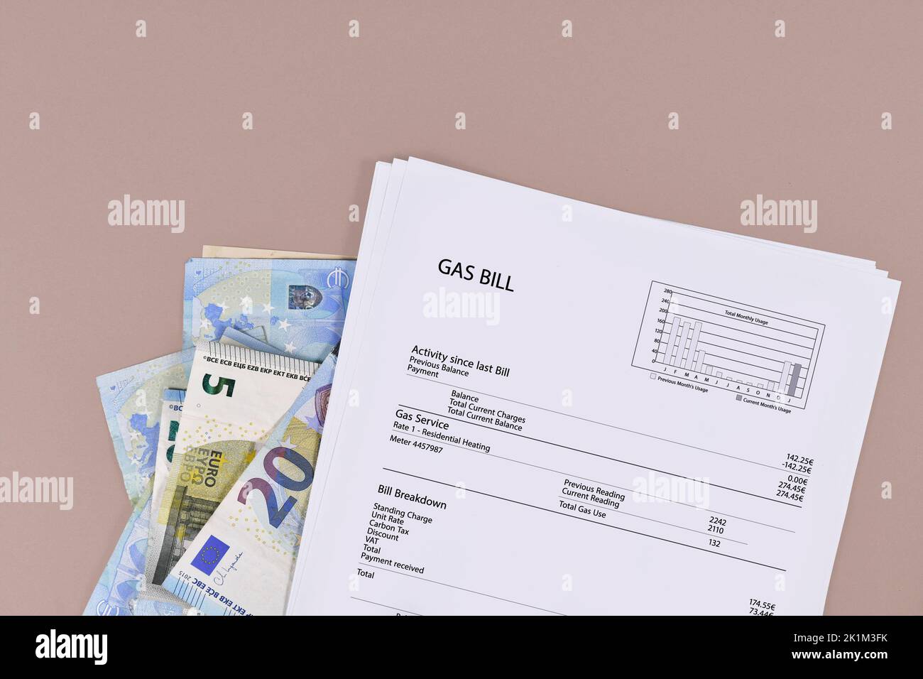 Gas bill document with euro bills Stock Photo Alamy