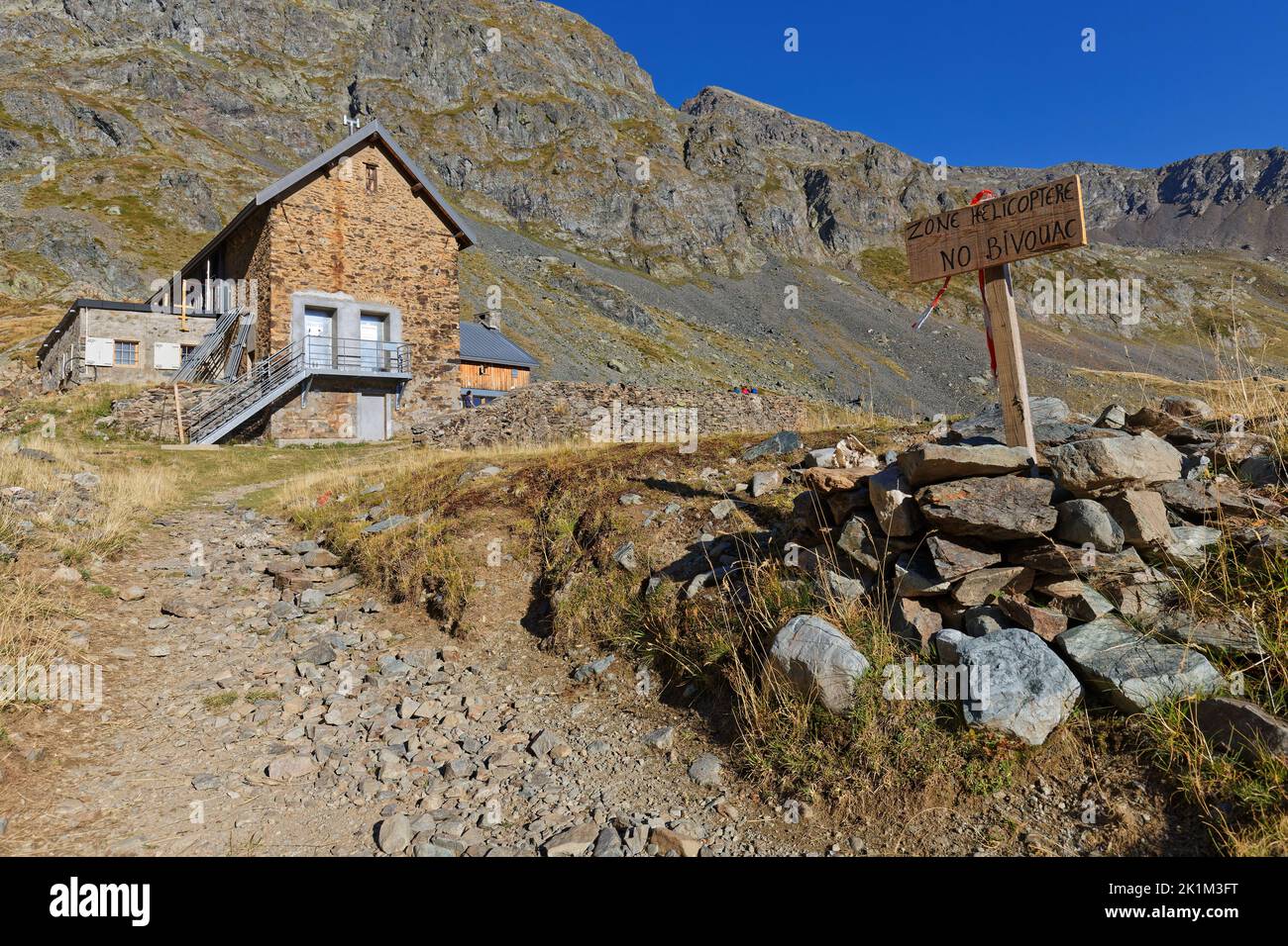 REVEL, FRANCE, August 23, 2022 : Helicopter landing platform at La Pra. Helicopter is the main means of delivery to mountain huts. Stock Photo