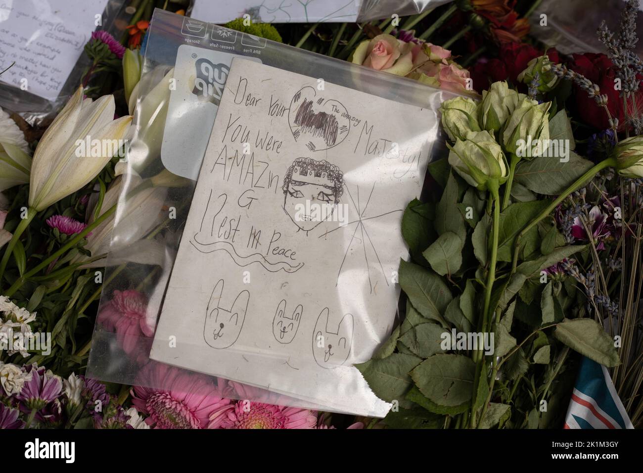 Edinburgh Scotland, 19 September 2022. Flowers, letters and gifts laid by the public as a mark of respect for Her Majesty Queen Elizabeth II who died on 8th September, in the gardens of Palace of Holyroodhouse, in Edinburgh Scotland, 19 September 2022. Photo credit: Jeremy Sutton-Hibbert/Alamy Live News. Stock Photo