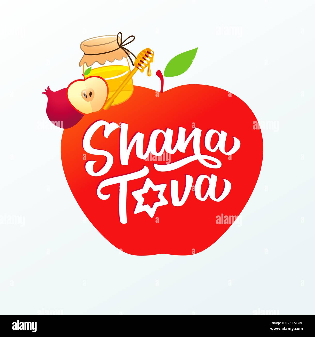 Shana Tova lettering banner with apple, pomegranate and honey. Happy New Year, Jewish holiday Rosh Hashanah. Vector illustration Stock Vector