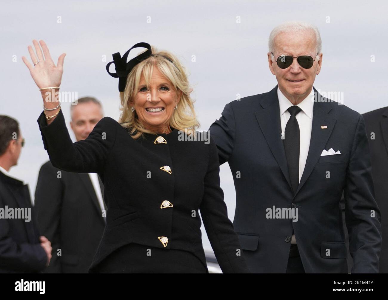 U.S. President Joe Biden and first lady Jill Biden board Air Force One to return to Washington after attending the funeral of Queen Elizabeth, from Stansted Airport, Britain, September 19, 2022. REUTERS/Kevin Lamarque Stock Photo