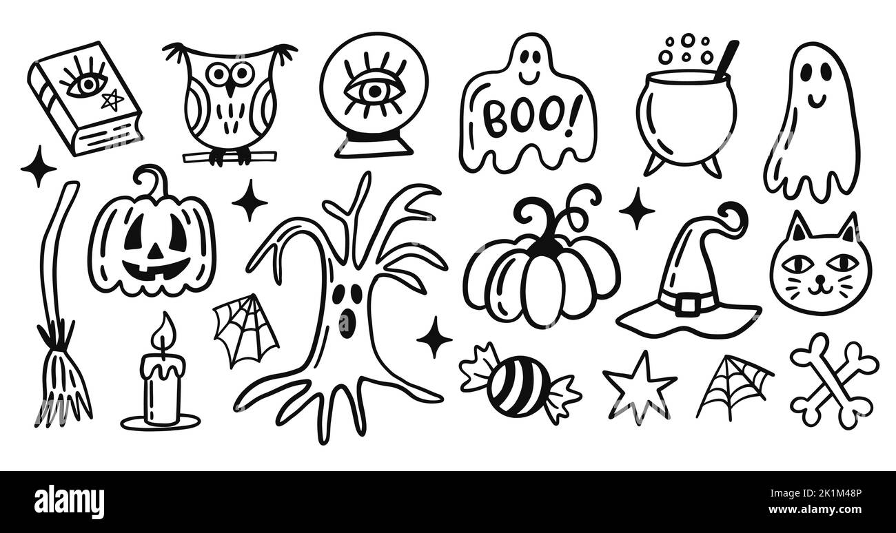 Halloween doodle elements set. Funny Hand drawn cartoon sketches Stock ...