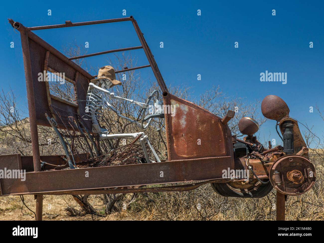 Skeleton driver in vehicle wreck at ranch entrance near Willcox, Arizona, USA Stock Photo