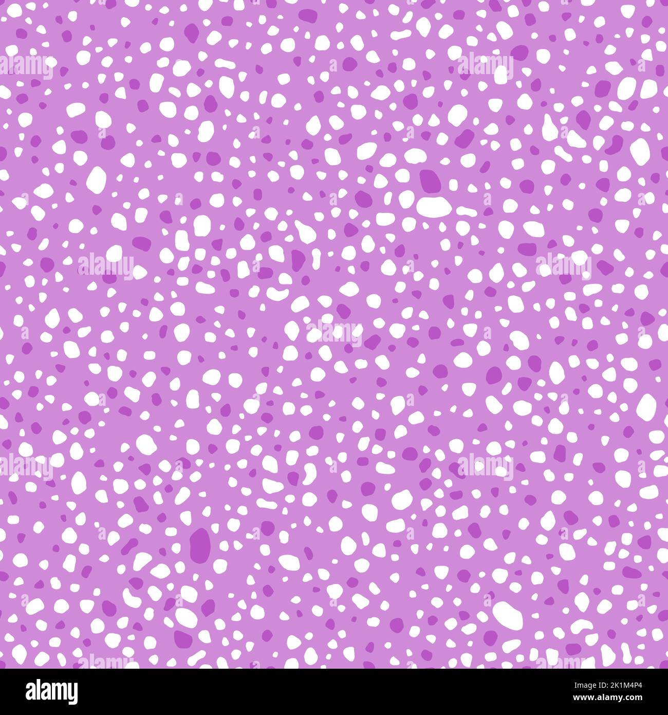 Irregular spots fashion print. Chaotic dots and blobs seamless fashion texture vector illustration purple and white. Stock Vector