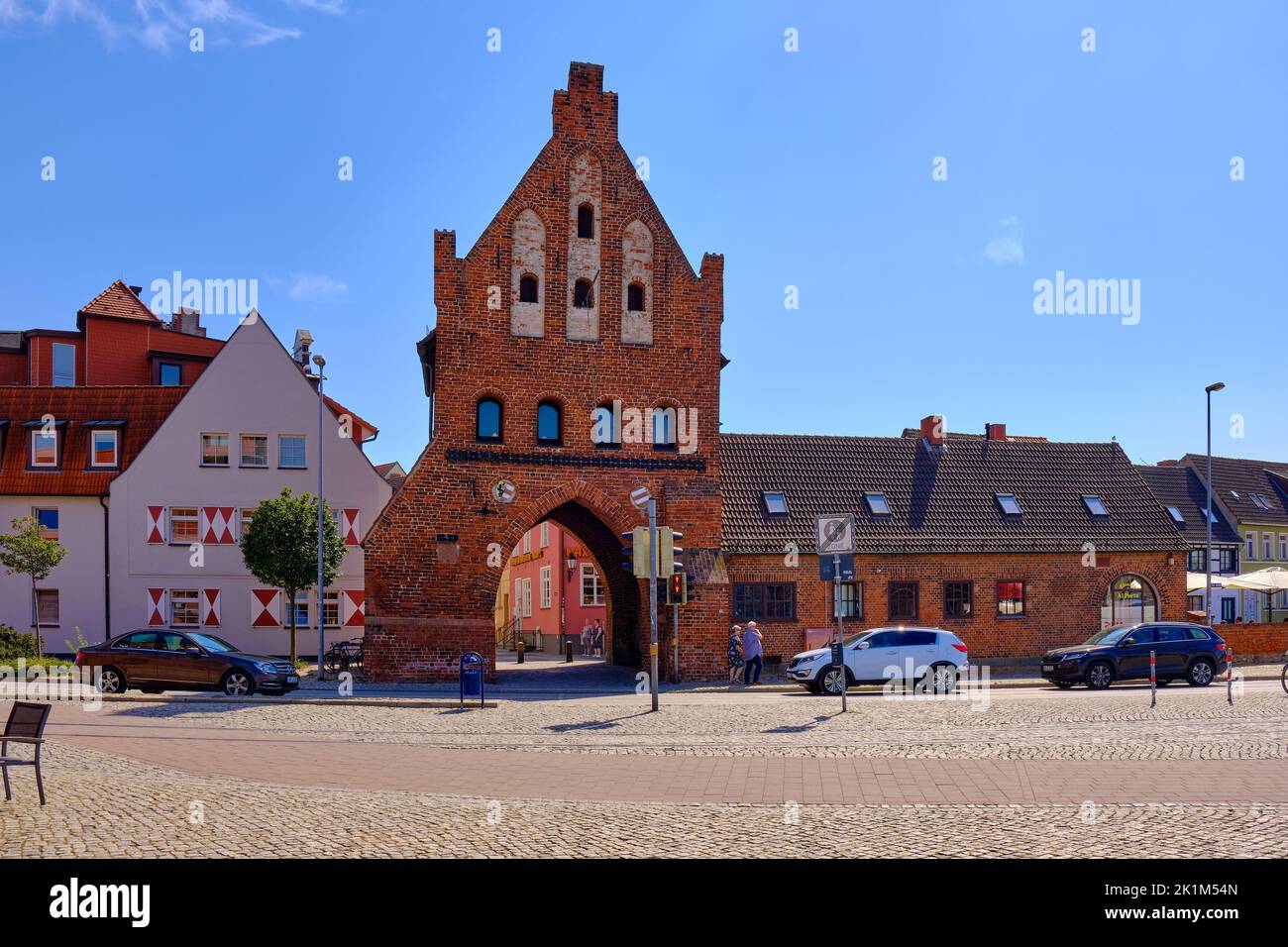 Everyday traffic situation in front of Altes Wassertor, Hanseatic Town of Wismar, Mecklenburg-Western Pomerania, Germany, Europe, August 8, 2020. Stock Photo