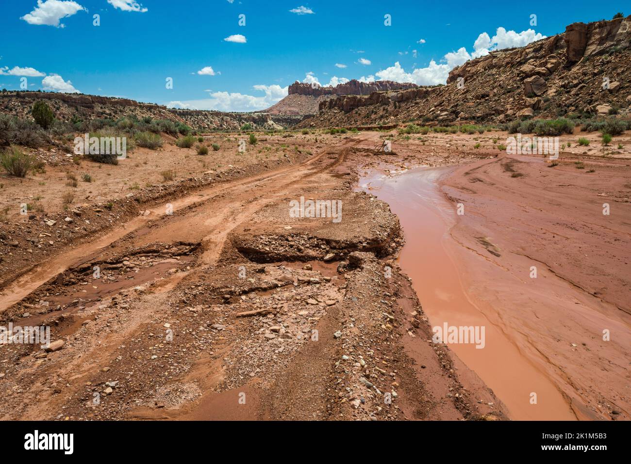 Dirt road damaged after flash flood, Wolverine Loop Road, near Horse Canyon, Grand Staircase-Escalante National Monument, near Boulder, Utah, USA Stock Photo