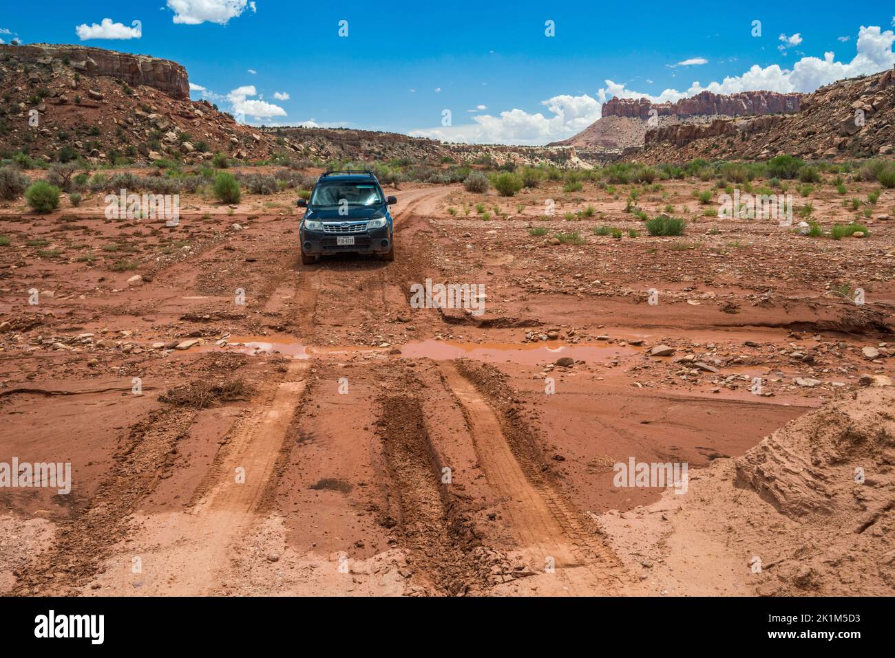 Dirt road damaged after flash flood, Wolverine Loop Road, near Horse Canyon, Grand Staircase-Escalante National Monument, near Boulder, Utah, USA Stock Photo
