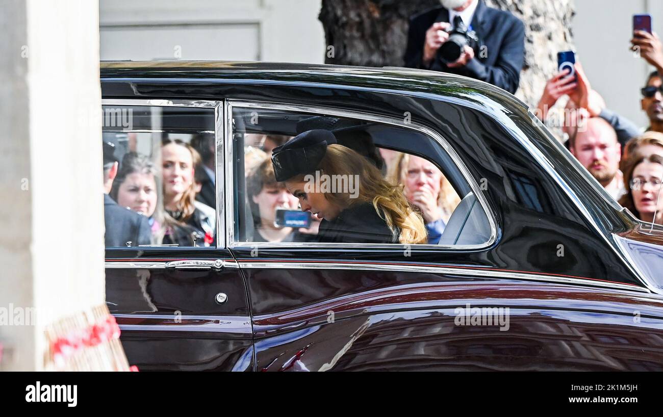 London, UK. 19th Sep, 2022. London UK 19th September 2022 - Princess Beatrice keeps her head bowed  during the funeral procession of Queen Elizabeth II in London today: Credit Simon Dack / Alamy Live News Credit: Simon Dack News/Alamy Live News Stock Photo