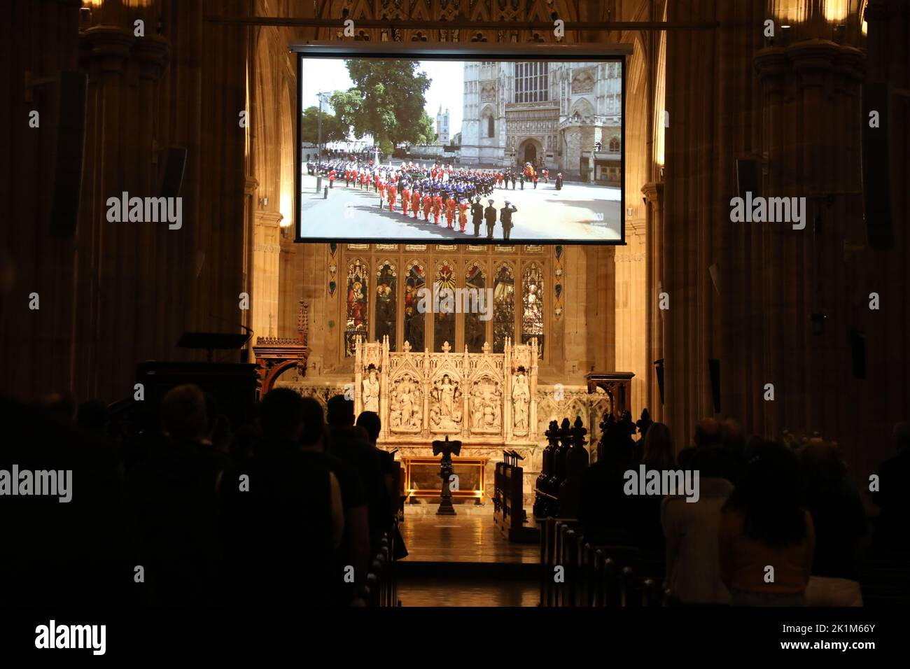 Sydney, Australia. 19th September 2022. About 30 to 40 people attended St Andrew’s Cathedral on George Street to watch the live broadcast of the Queen’s funeral on a big screen. Credit: Richard Milnes/Alamy Live News Stock Photo