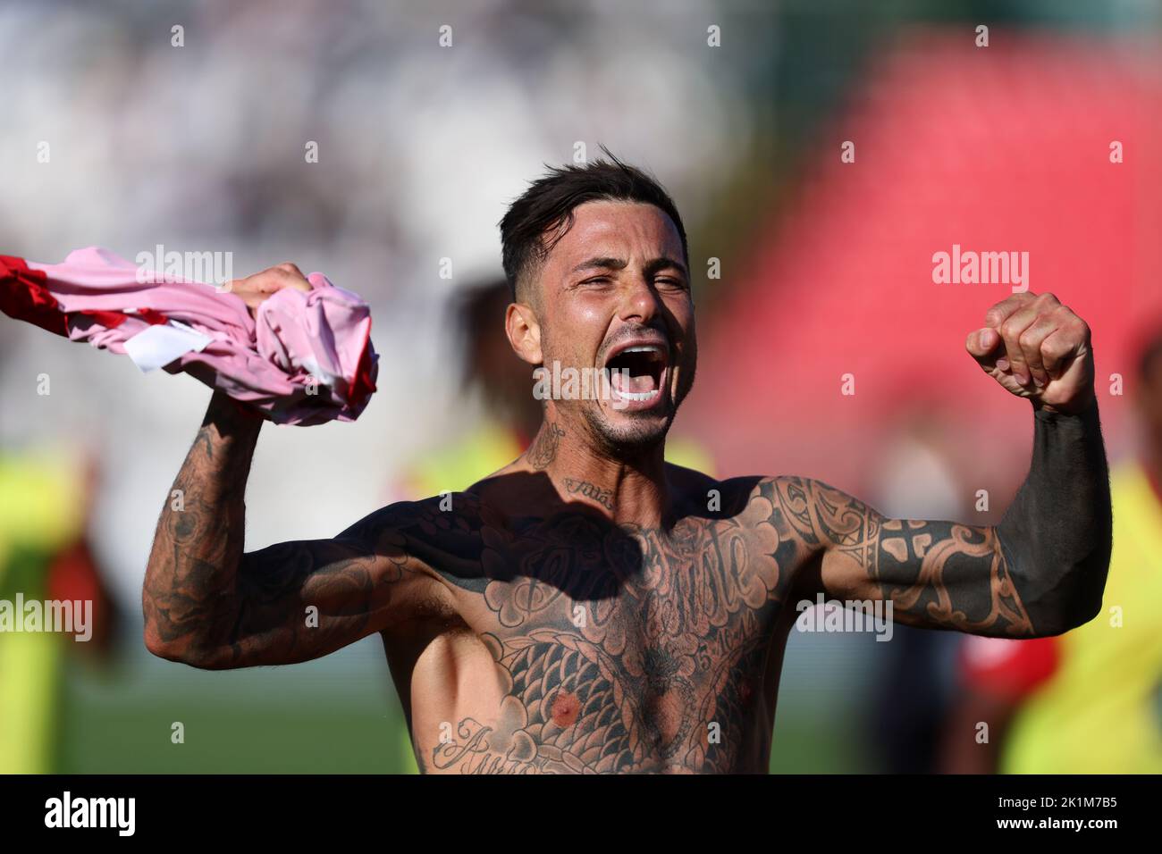 Armando Izzo of Ac Monza celebrates after winning  the  Serie A match beetween Ac Monza and Juventus Fc at Upower Stadium on September 18, 2022 in Monza Italy . Stock Photo