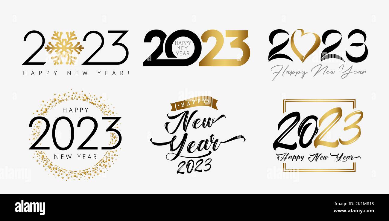 Big Set of 2023 Happy New Year, golden and black logo with snowflake, heart, inscription. 20 23 isolated vector graphic design template. Creative card Stock Vector