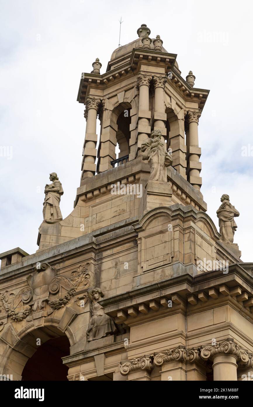 Tower of Cartwright Hall at Lister Park in Bradford, West Yorkshire. The hall houses a civic art gallery in a park named after a mill owner. Stock Photo