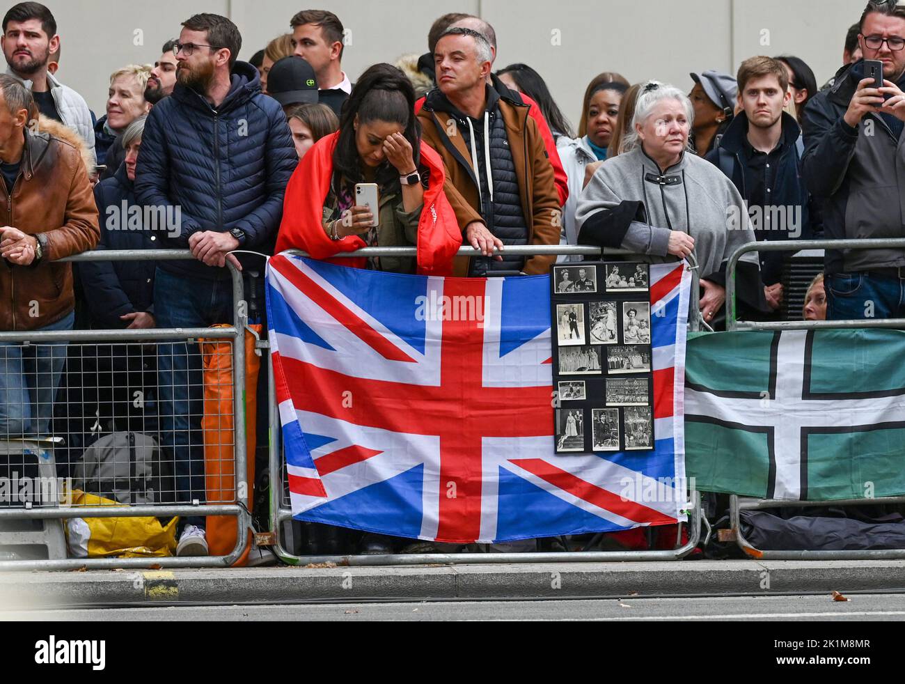 London, UK. 19th Sep, 2022. London UK 19th September 2022 - Emotional moments for  the crowd  in Whitehall during the funeral procession of Queen Elizabeth II in London today: Credit Simon Dack / Alamy Live News Credit: Simon Dack News/Alamy Live News Stock Photo