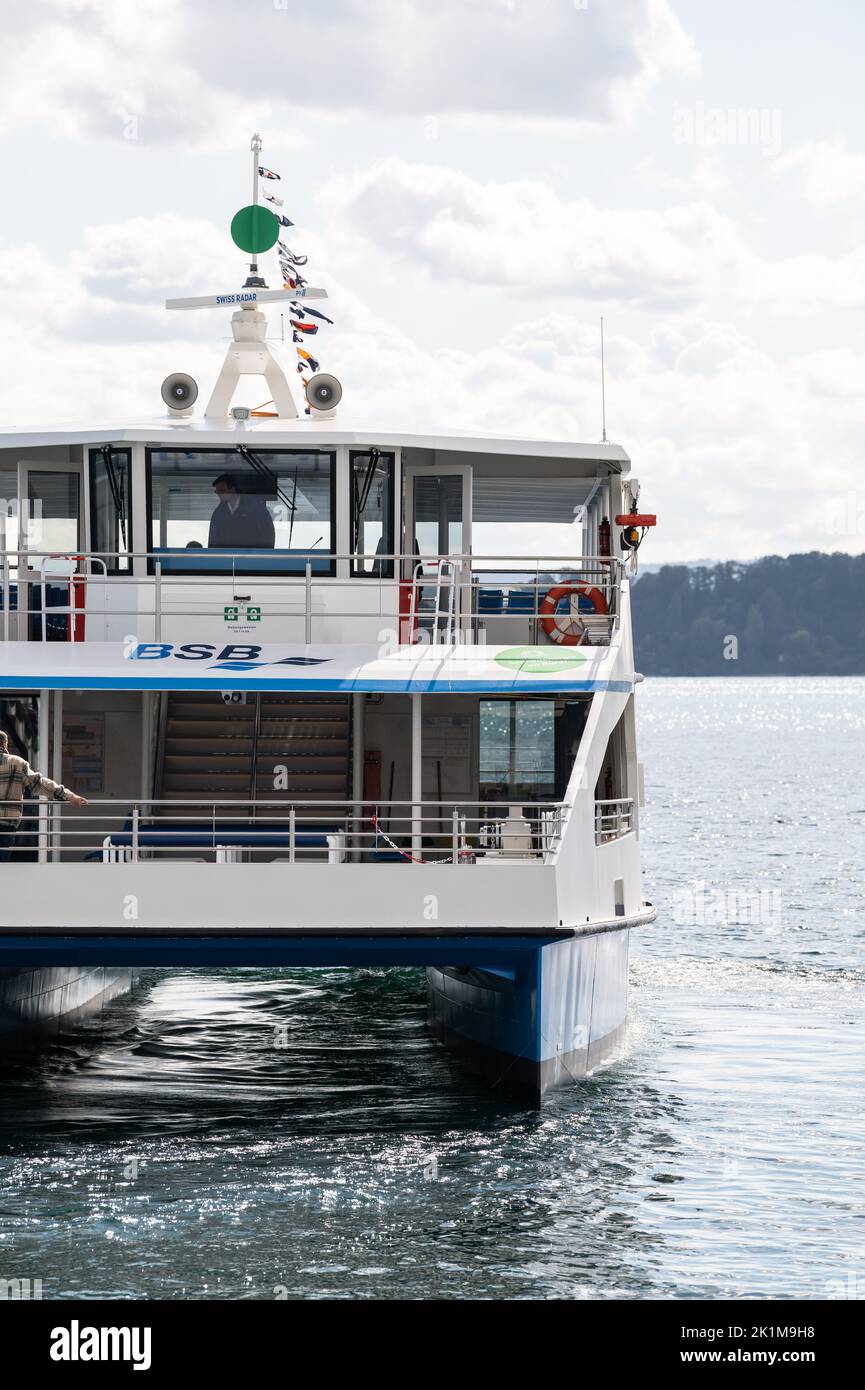 Unteruhldingen, Germany. 19th Sep, 2022. An e-ferry operated by Bodensee-Schiffsbetriebe (BSB), which is battery-electric, is sailing on Lake Constance. The electric ferry has a 1000-kilowatt-hour battery that is charged during the lunch break and at night. Credit: Silas Stein/dpa/Alamy Live News Stock Photo