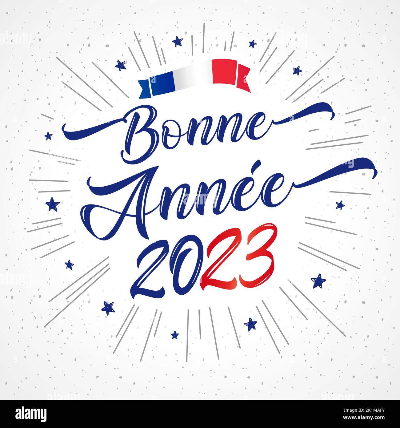 Bonne Annee French text - Happy New Year 2023 lettering holiday card. 20 23 numbers, blue stars and elegant calligraphy. Vector illustration Stock Vector