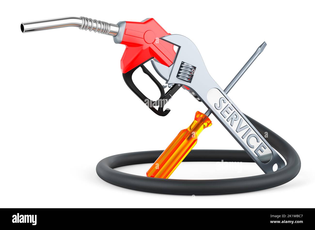 Gas pump nozzle with screwdriver and wrench, 3D rendering isolated on