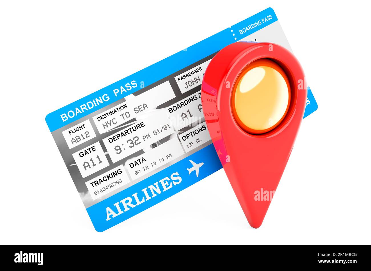 Boarding pass ticket with map pointer, 3D rendering isolated on white background Stock Photo