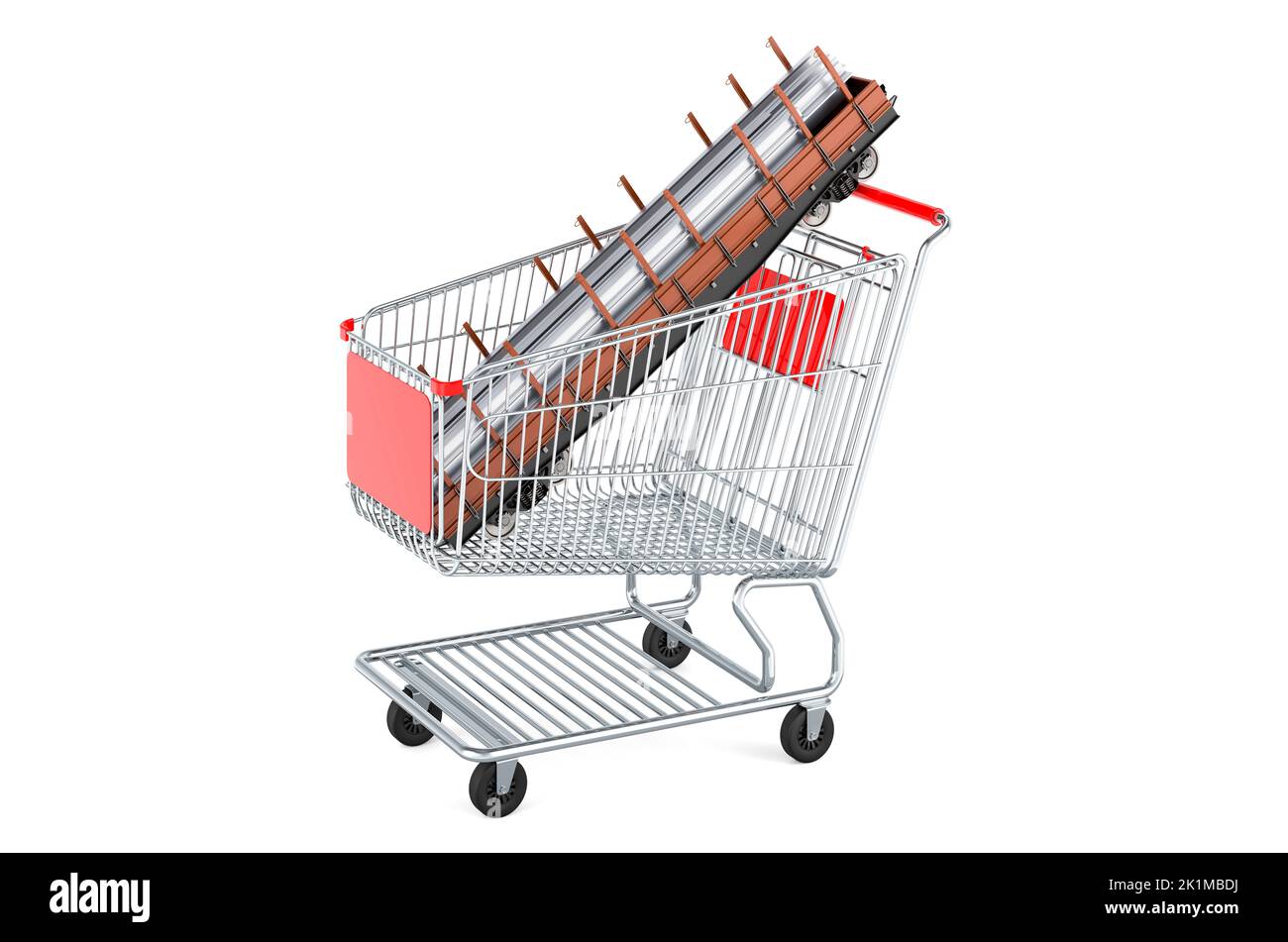 Shopping cart with rolled metal, 3D rendering isolated on white