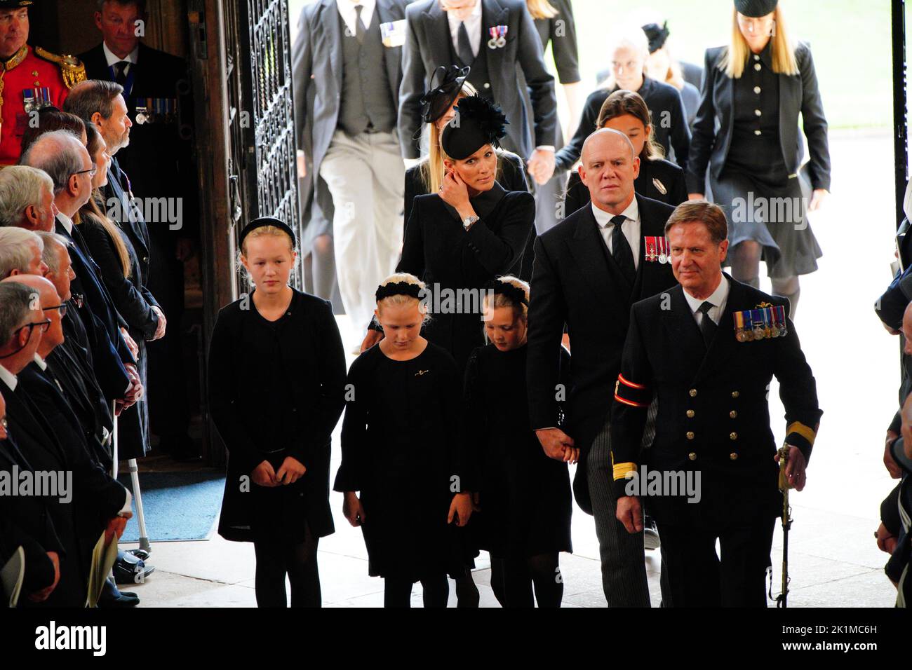 Savannah Phillips (left) Zara Tindall (centre) and Ilsa Phillips (second left), Lena Tindall and Mike Tindall (second right) arrive at the Committal Service for Queen Elizabeth II held at St George's Chapel in Windsor Castle, Berkshire. Picture date: Monday September 19, 2022. Stock Photo