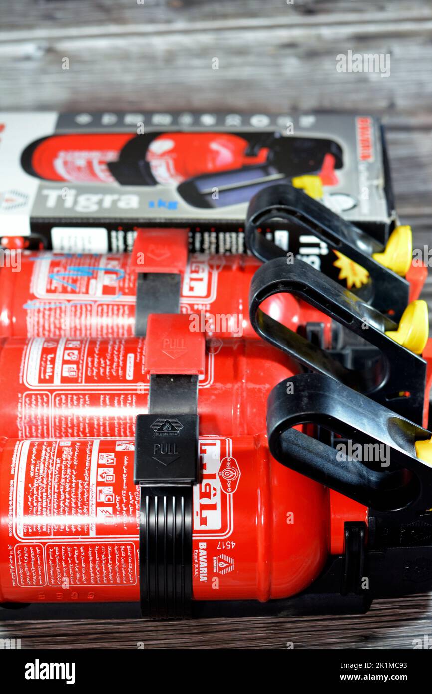 Cairo, Egypt, August 24 2022 Bavaria Tigra Fire Extinguisher 1
