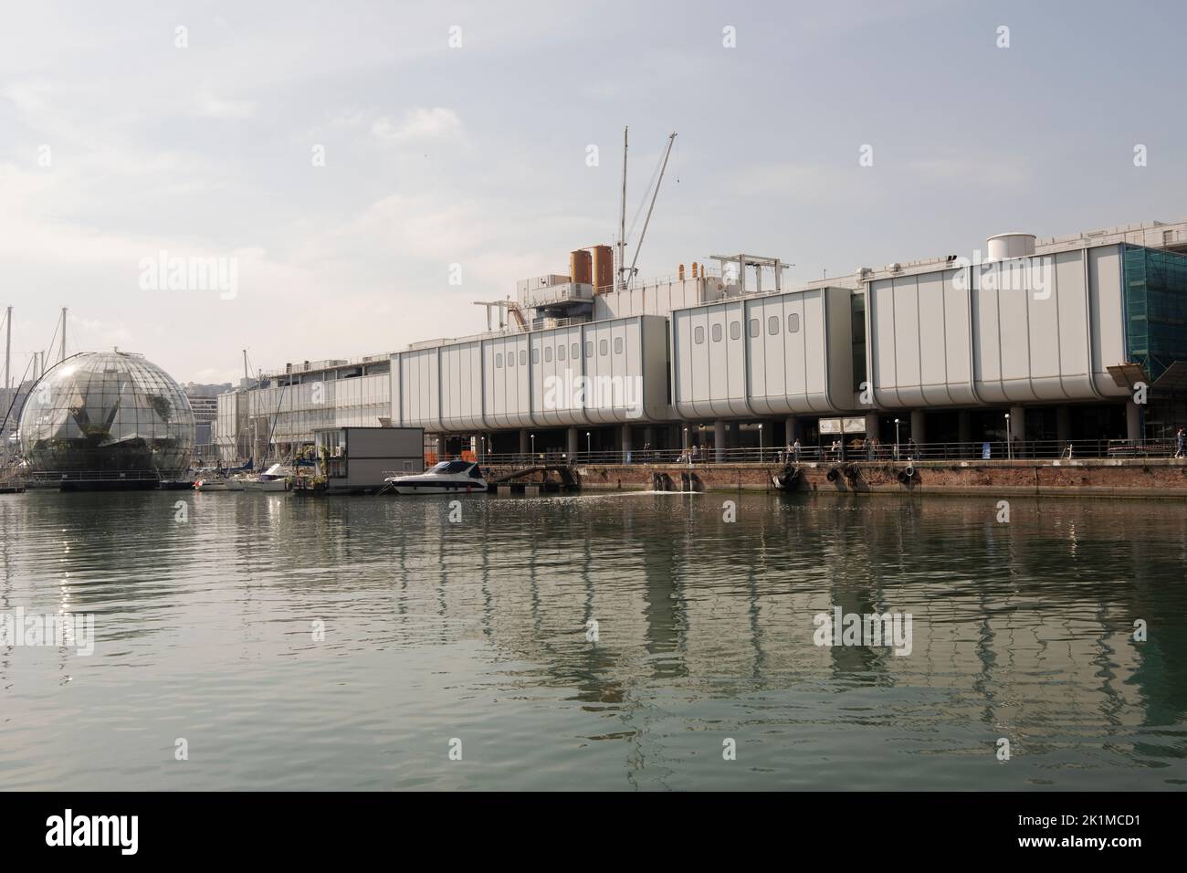 The exterior of the Aquarium of Genoa and Renzo Piano's Biosphere in Genoa, Italy Stock Photo